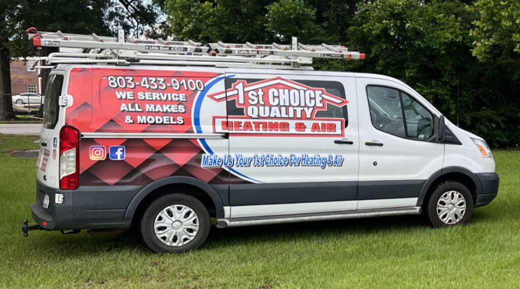 1st Choice Quality Heating & Air service van parked on lawn of their office in Manning, South Carolina.